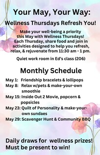 Poster explaining what each wellness thursday will be for the month of May